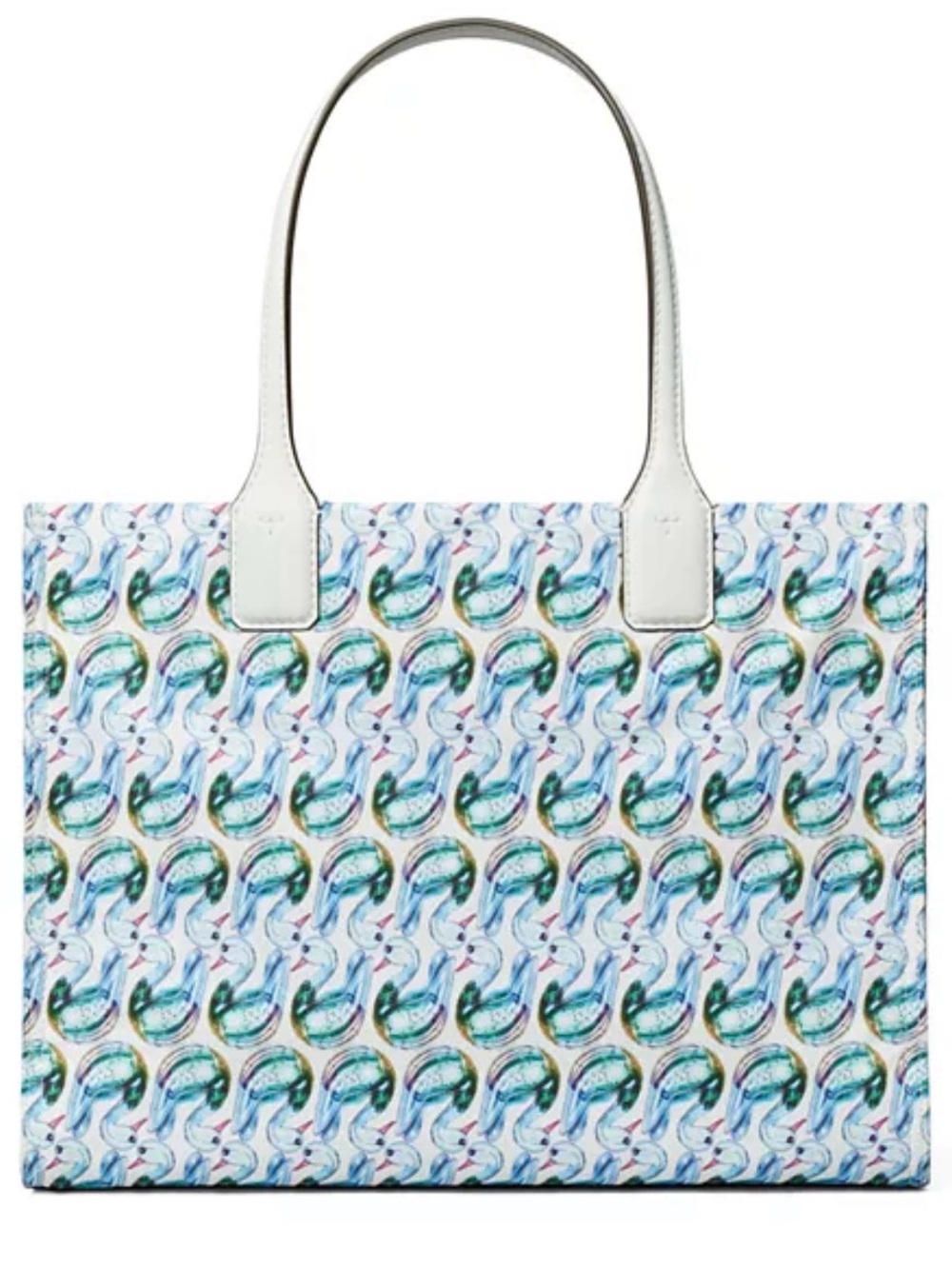 Tory Burch Ella White Leather Tote with Blue-Green Swan Pattern and Earrings NWT - Picture 6 of 14